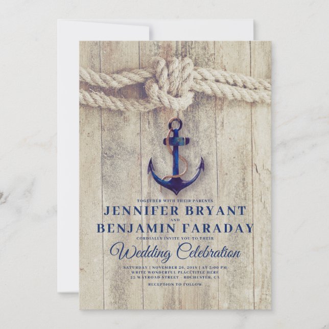 Rustic Beach - Nautical Navy Anchor Wedding Invitation (Front)