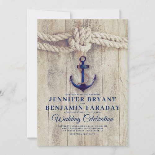 Rustic Beach - Nautical Navy Anchor Wedding Invitation - Rustic Beach Driftwood, Nautical Rope Knot, Navy Blue Anchor Wedding Invitations