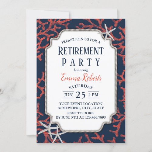 Rustic Beach Navy Coral Reef Starfish Retirement Invitation