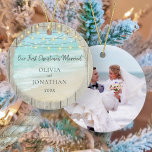 Rustic Beach Newlywed Photo First Christmas Ceramic Ornament<br><div class="desc">This rustic beach themed newlywed photo ornament makes a great keepsake to remember your first Christmas as a married couple. A beautiful aqua beach scene with ocean waves is framed with rustic weathered wood, with string lights at the top. Easily change the photo on the back with the included template....</div>