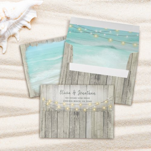 Rustic Beach Ocean String Lights Wedding Invite Envelope