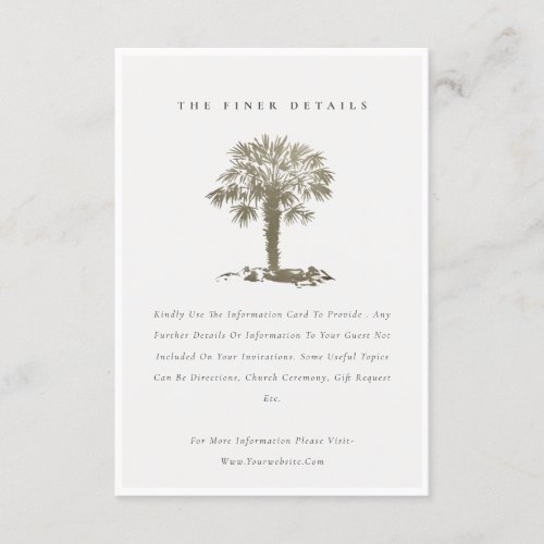 Rustic Beach Palm Tree Dark Gold Wedding Details Enclosure Card