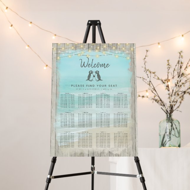 Rustic Beach Penguins Wedding Seating Chart Foam Board (In Situ (Stand))