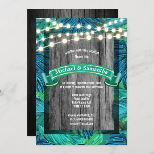 Rustic beach reef stringlights tropical wedding invitation