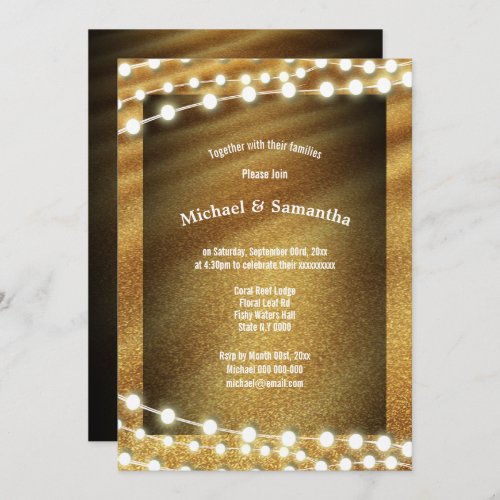 Rustic beach sand string lights modern wedding invitation