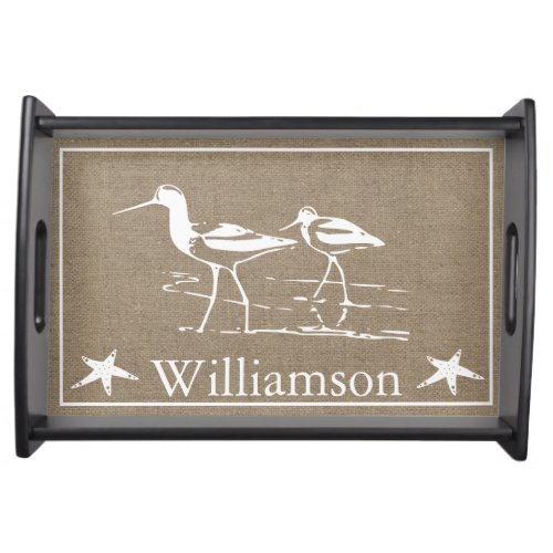 Rustic Beach Sandpipers  Faux Burlap Family Name Serving Tray