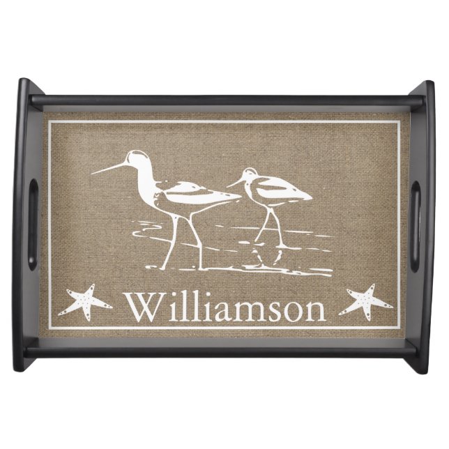 Rustic Beach Sandpipers & Faux Burlap Family Name Serving Tray (Front)