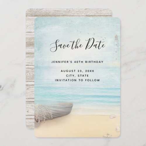 Rustic Beach Scene with Boat  Lighthouse Save The Date