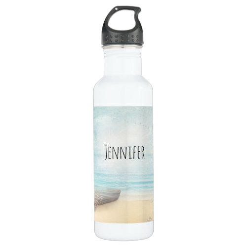 Rustic Beach Scene with Boat  Lighthouse Stainless Steel Water Bottle