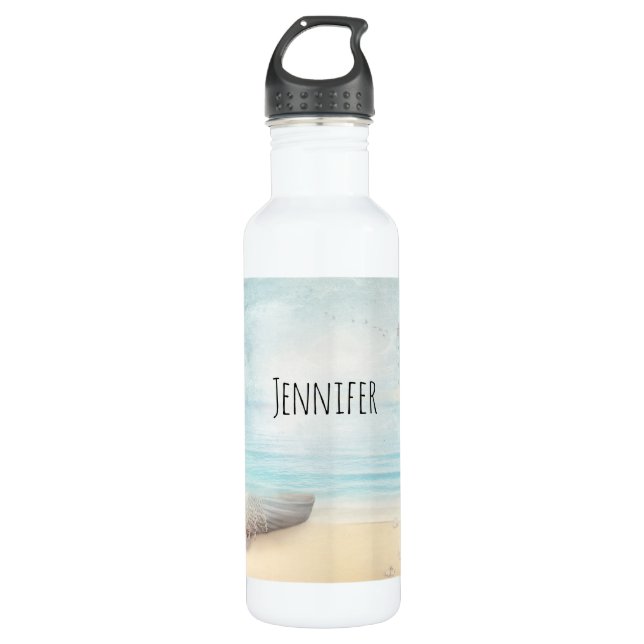 Rustic Beach Scene with Boat & Lighthouse Stainless Steel Water Bottle (Front)