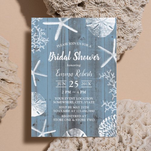 Rustic Beach Seashells Dusty Blue Bridal Shower Invitation
