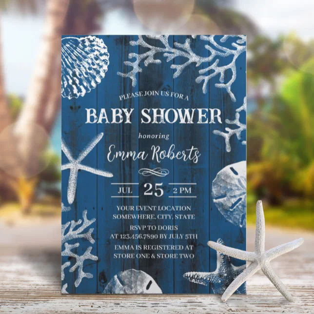 Rustic Beach Seashells Navy Blue Baby Shower Invitation Zazzle