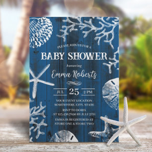 Rustic Beach Seashells Navy Blue Baby Shower Invitation