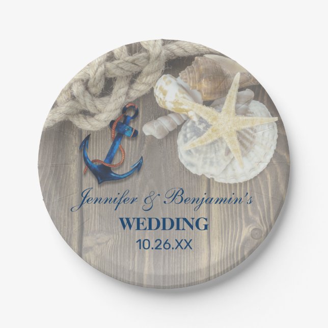 Rustic Beach Shell Navy Anchor Nautical Wedding Paper Plates (Front)
