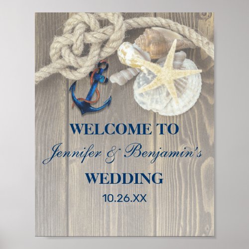 Rustic Beach Shell Navy Anchor Nautical Wedding Poster