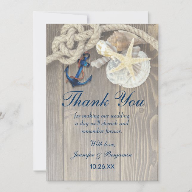 Rustic Beach Shell Navy Anchor Nautical Wedding Thank You Card (Front)