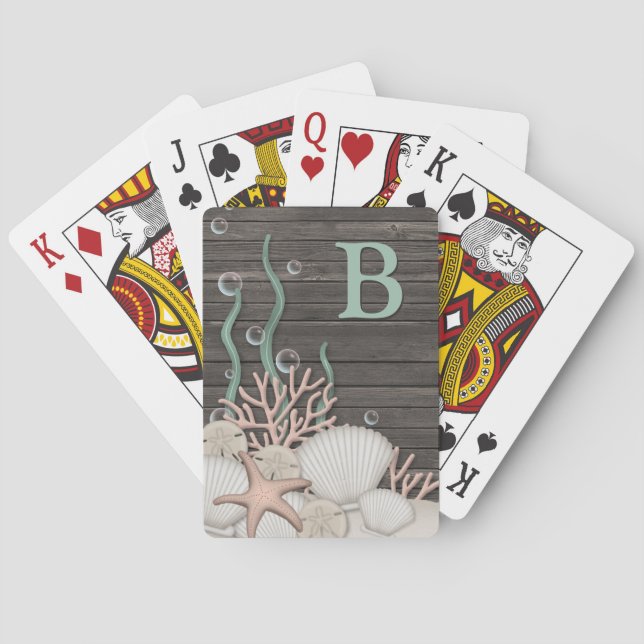 Rustic Beach Shells & Wood Monogram Playing Cards (Back)