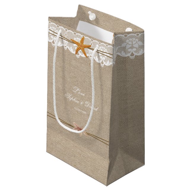 Rustic Beach Starfish Lace Wedding Custom Small Gift Bag (Front Angled)