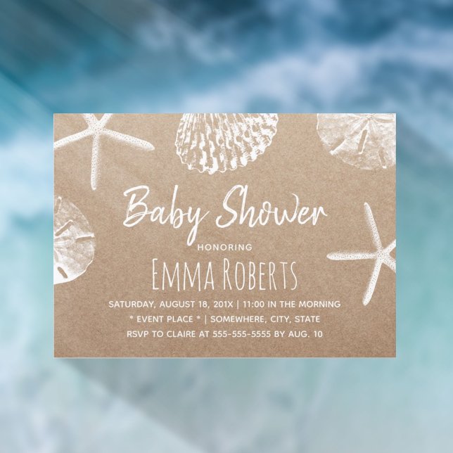 Rustic Beach Starfish & Seashells Baby Shower Invitation