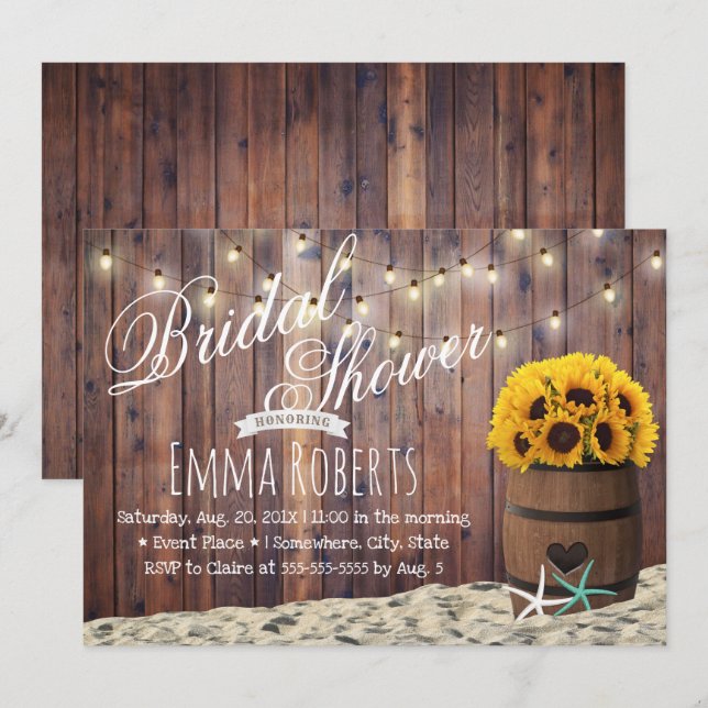 Rustic Beach Starfish & Sunflower Bridal Shower Invitation (Front/Back)