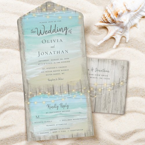 Rustic Beach String Lights Destination Wedding All In One Invitation