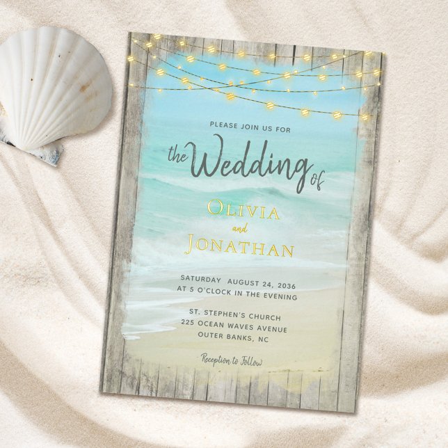 Rustic Beach String Lights Gold Foil Wedding Invitation (Creator Uploaded)
