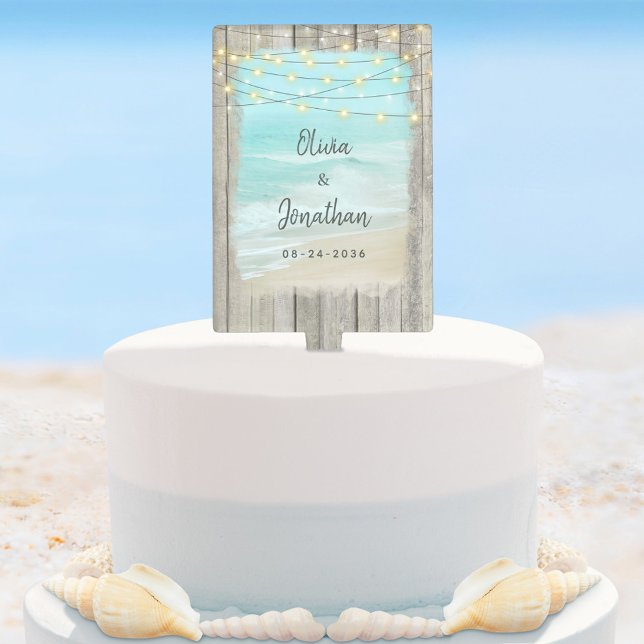 Rustic Beach String Lights Ocean Wedding Cake Topper (Creator Uploaded)