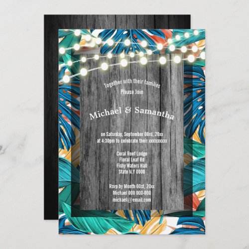 Rustic beach stringlights tropical jungle wedding invitation