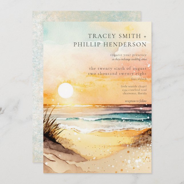 Rustic Beach Sunset Watercolor Invitation (Front/Back)