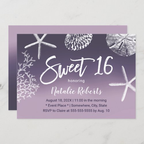 Rustic Beach Sweet 16 Starfish Seashell Purple Invitation