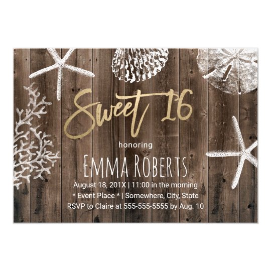 Rustic Beach Sweet 16 Starfish Seashells Birthday Invitation | Zazzle.com