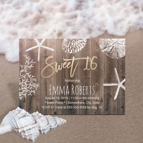 Rustic Beach Sweet 16 Starfish Seashells Birthday Invitation