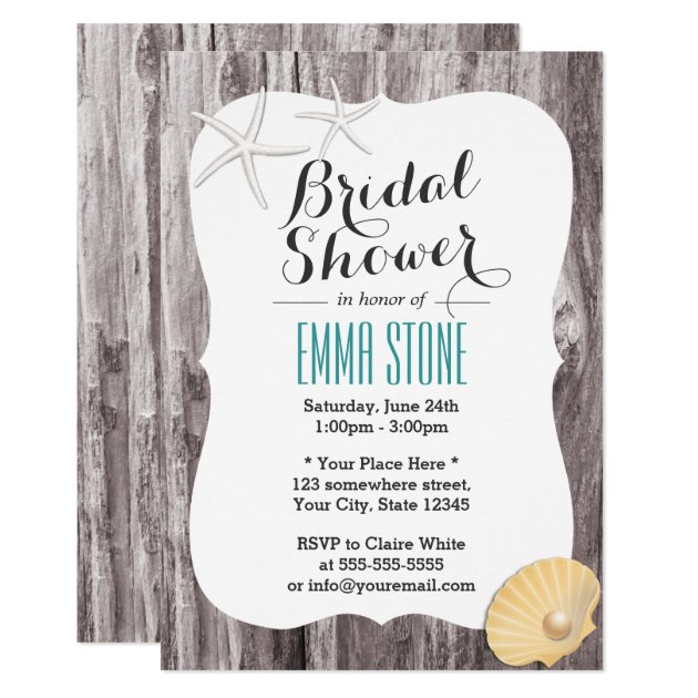 Rustic Beach Themed Wood Background Bridal Shower Invitation