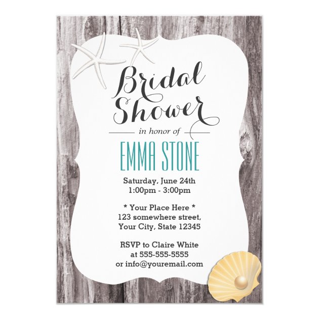 Rustic Beach Themed Wood Background Bridal Shower Invitation
