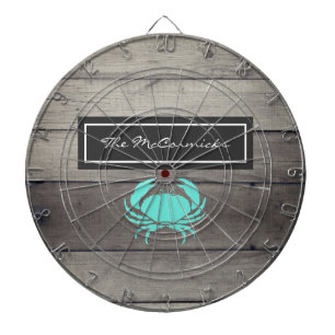 Rustic Beach Turquoise Blue Crab Family Monogram Dart Board