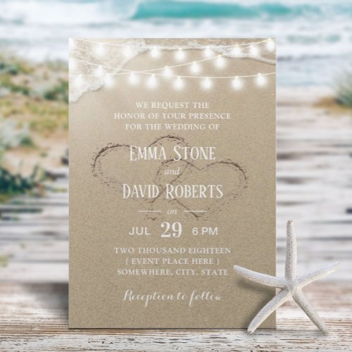 Rustic Beach Wedding Hearts in the Sand Summer Invitation