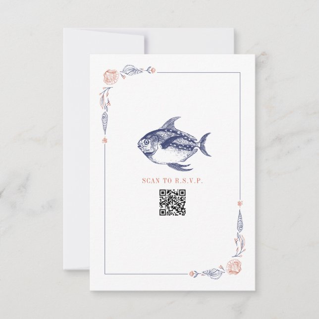 Rustic Beach Wedding Red & Blue Fish RSVP (Front)