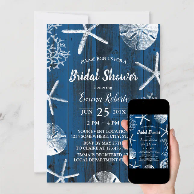 Rustic Beach Wedding Seashells Bridal Shower Navy Invitation Zazzle