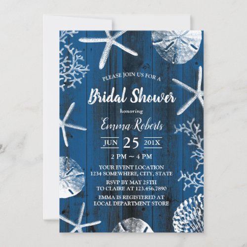 Rustic Beach Wedding Seashells Bridal Shower Navy Invitation