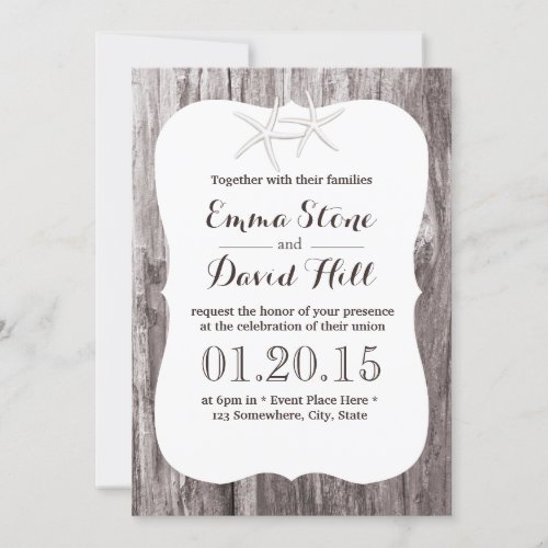 Rustic Starfish Driftwood Background Wedding 5x7 Paper Invitation Card