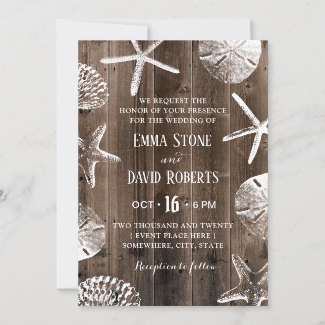 Rustic Beach Wedding Starfish & Seashell Barn Wood Invitation (Front)