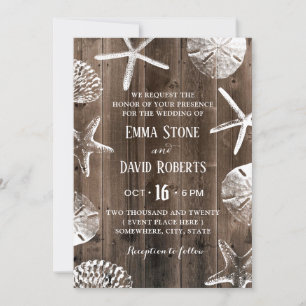 Rustic Beach Wedding Starfish & Seashell Barn Wood Invitation