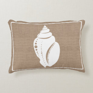 Rustic Beach White Seashell & Faux Burlap Accent Pillow