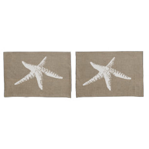 Rustic Beach White Starfish & Faux Burlap Pillowcase