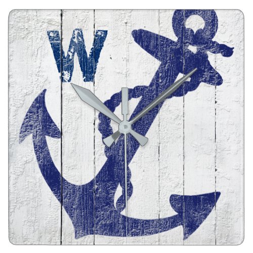 Rustic Beach Wood Blue Nautical Anchor Monogrammed Square Wall Clock