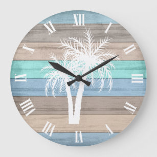 Rustic Beach Wood Nautical and Stripes Palm Trees Large Clock