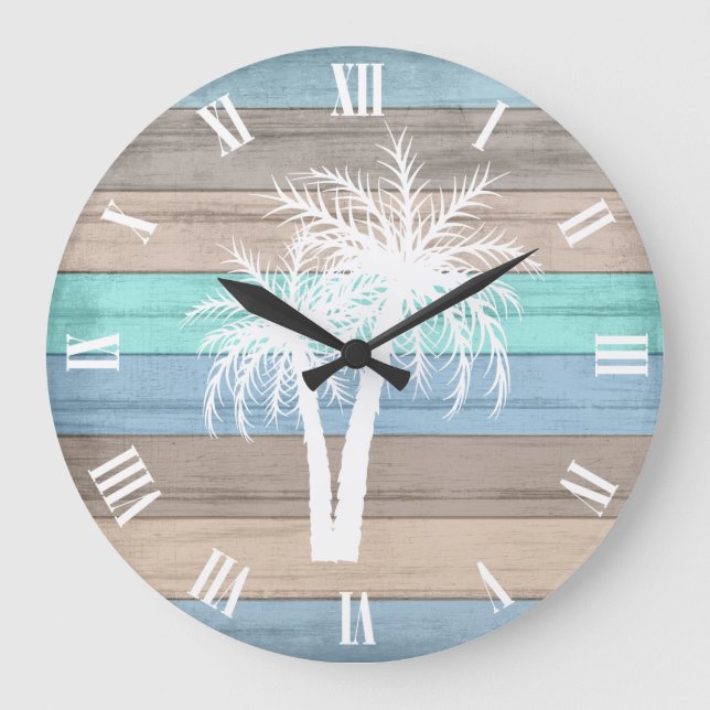 Rustic Beach Wood Nautical and Stripes Palm Trees Large Clock (Front)