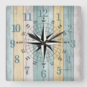 Rustic Beach Wood Nautical Compass Square Wall Clock