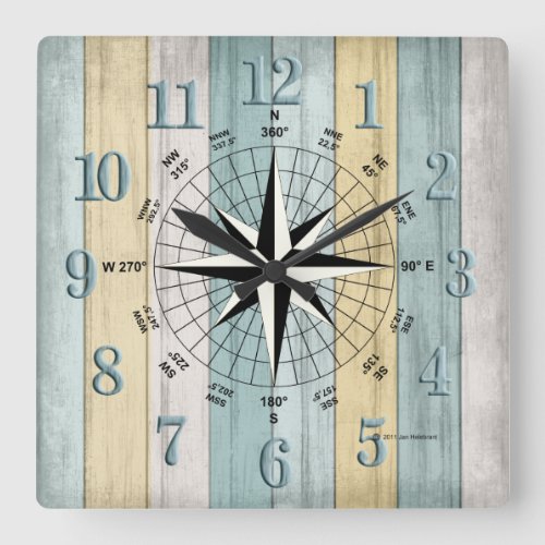 Rustic Beach Wood Nautical Compass Square Wall Clock