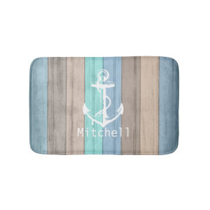 Rustic Beach Wood Nautical Stripes & Anchor Bath Mat